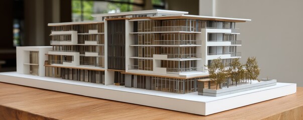 Architectural model of a modern building showcasing clean lines, glass facades, and landscaped outdoor areas in a minimalist design setting