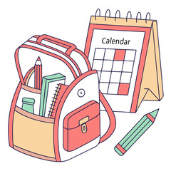 Illustration of a backpack filled with school supplies next to a calendar and a pencil on a white background