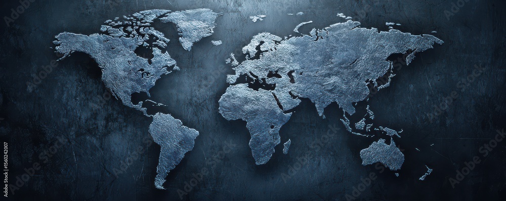 Poster detailed metallic world map on a dark textured background suitable for illustrating global concepts,