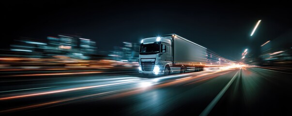 High-Speed Night Shot of a Truck Driving on a Highway with City Lights Blurring in the Background