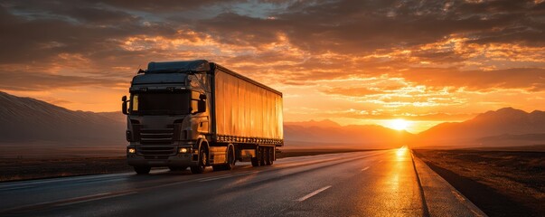 Majestic sunset over a long highway with a truck driving, showcasing vibrant orange skies and calm mountains in the background, perfect for travel or transport themes