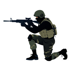 Soldier Kneeling with Rifle Aiming Art & Illustration