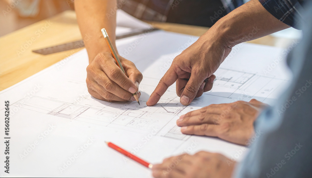 Poster two people working on blueprints, collaborating on a project, the image shows teamwork and technical