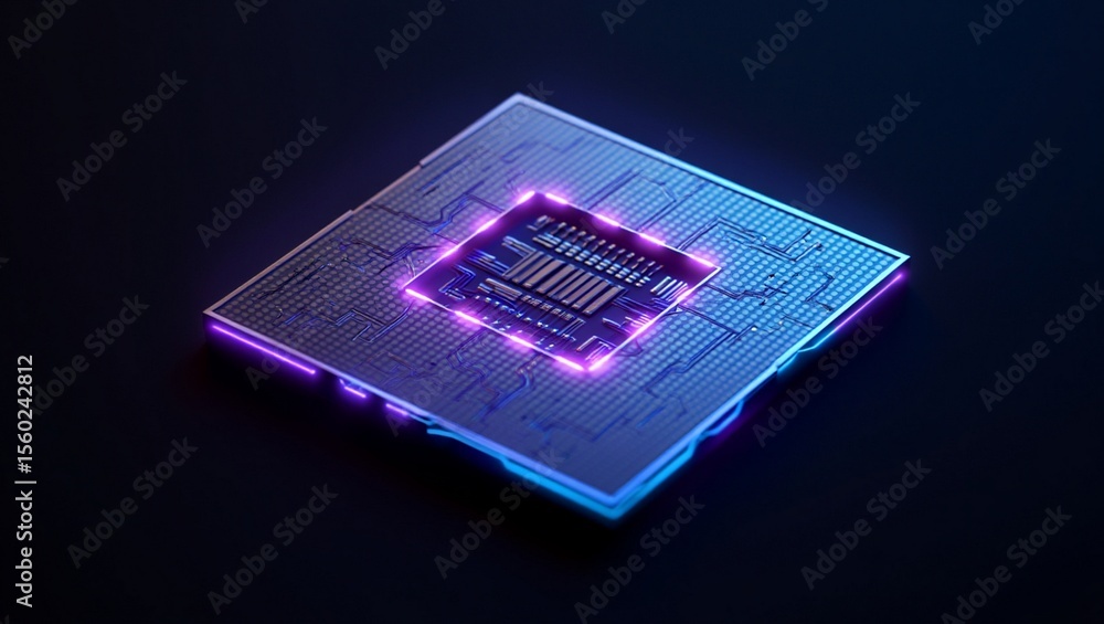 Fototapete Processor, microchip, circuits, memory — a highly detailed 3D rendering showcases a futuristic computer chip suspended in darkness, glowing with neon blue and purple light, revealing intricate layers 