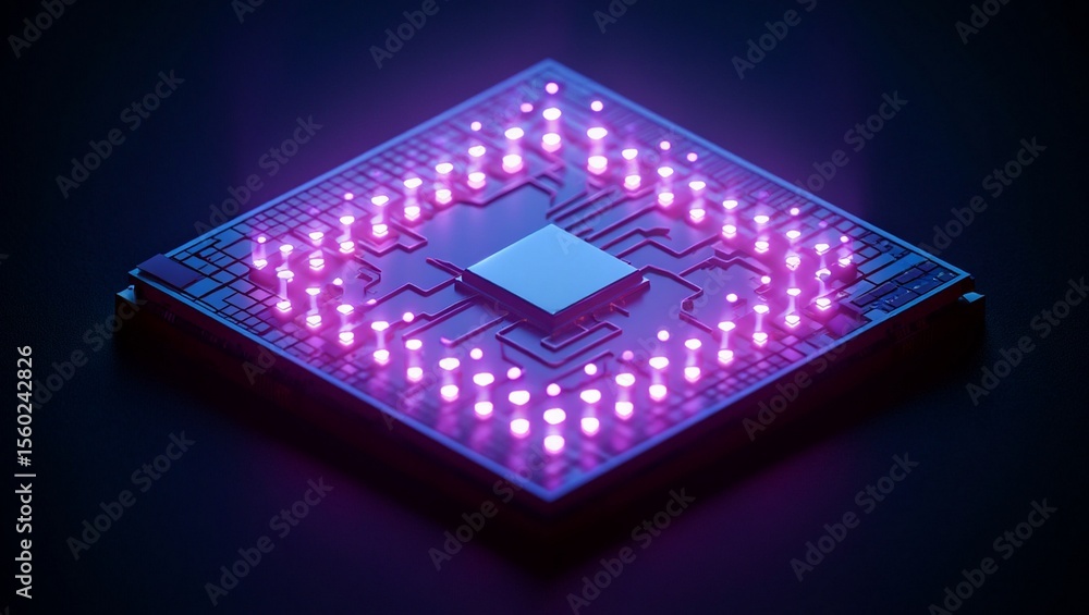 Fototapete Processor, microchip, circuits, memory — a highly detailed 3D rendering showcases a futuristic computer chip suspended in darkness, glowing with neon blue and purple light, revealing intricate layers 