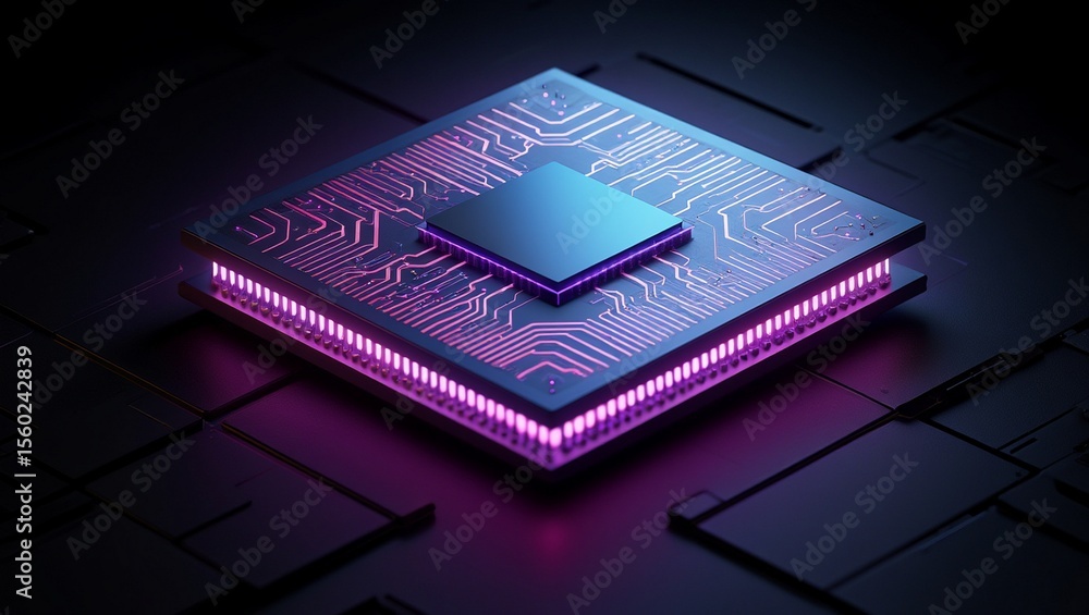 Fototapete Processor, microchip, circuits, memory — a highly detailed 3D rendering showcases a futuristic computer chip suspended in darkness, glowing with neon blue and purple light, revealing intricate layers 