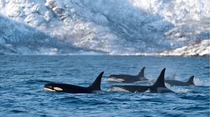 Naklejka premium Orcas killer whales swimming in alaskan waters wildlife photography nature travel adventure vacation trip 100