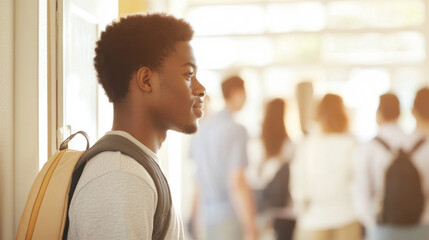 Young african american man entering classroom with students in background