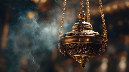 Explore the beauty of a golden incense burner with smoke for religious and spiritual practices in church