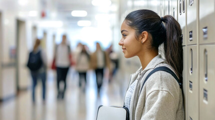 Young latin american woman smiling in college hallway, surrounded by lockers