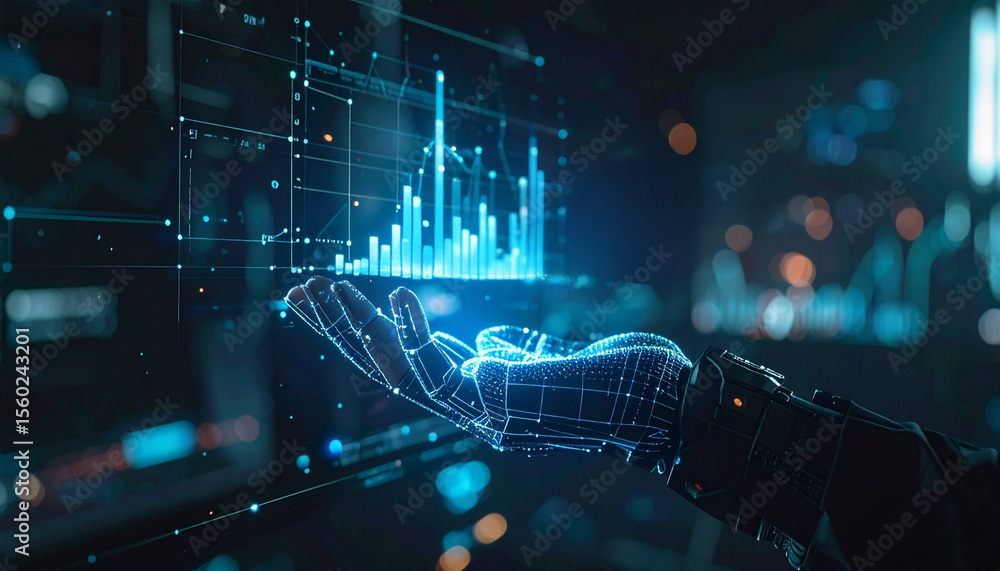 Poster a digital hand reaching out toward a futuristic data visualization screen, representing the progress