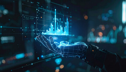 A digital hand reaching out toward a futuristic data visualization screen, representing the progress of modern technology