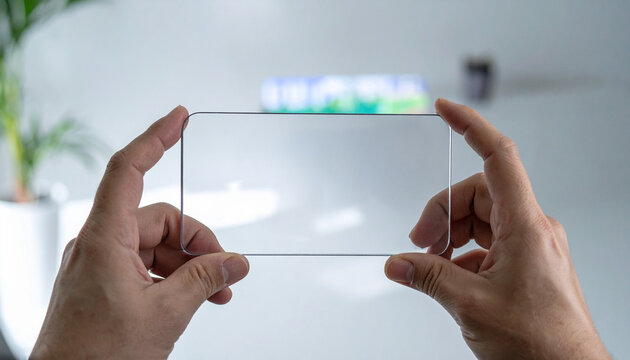 A person holding a transparent smartphone, showcasing a blank screen. The focus is on the phone, and the background is blurred