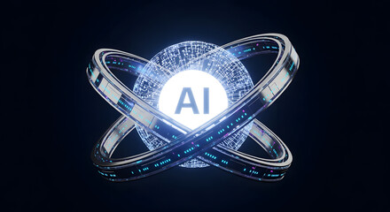 Glowing AI sphere encircled by futuristic metallic rings, representing artificial intelligence technology.