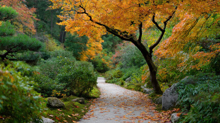 serene garden path covered with colorful autumn leaves with single tree gracefully standing beside it