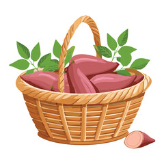 Ripe Purple Sweet Potatoes in Farm Basket - Vector Illustration