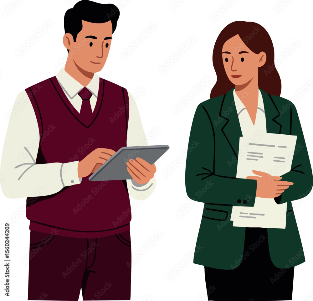 Poster two business professionals collaborating using digital tablet and documents in office environment ve