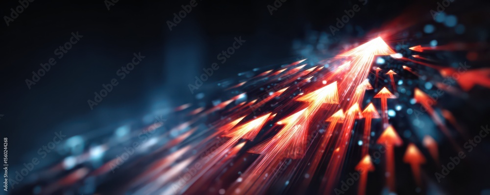 Poster abstract dynamic background with glowing red arrows pointing upwards, representing growth, success, 