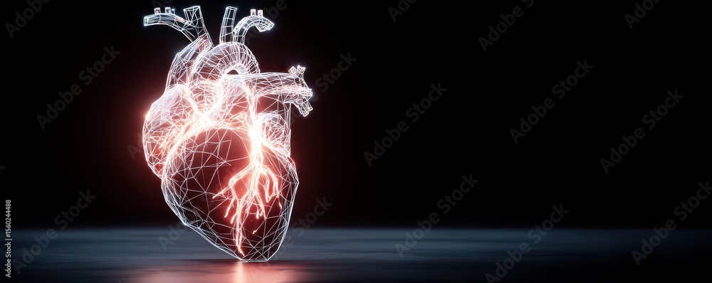 Poster abstract digital representation of a human heart showcasing intricate wireframe design with glowing 