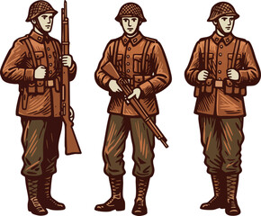 Fototapeta premium World War soldiers in vintage military uniforms holding rifles in standing poses vector illustration