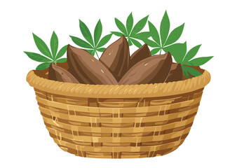 Basket of Delicious Sweet Potato with Leaves - Vector Illustration
