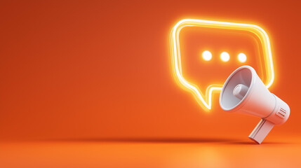 Glowing speech bubble flows from megaphone symbolizing dynamic communication. Warm orange background enhances visual impact. Concept for marketing, advertising, public relations