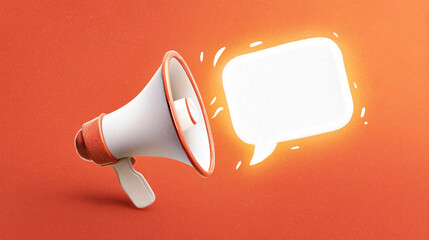 Megaphone emits glowing speech bubble representing public communication. Warm background enhances visual impact. Concept of marketing, public relations, advertising