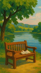 Fototapeta premium Serene riverside bench illustration.