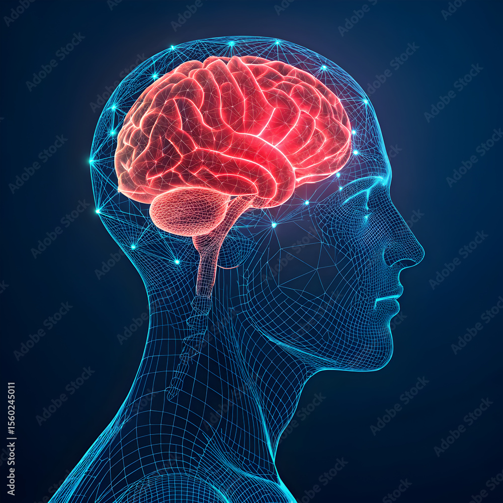 Poster blue neon wireframe of a human brain, glowing red from the center, showcasing a futuristic and high-