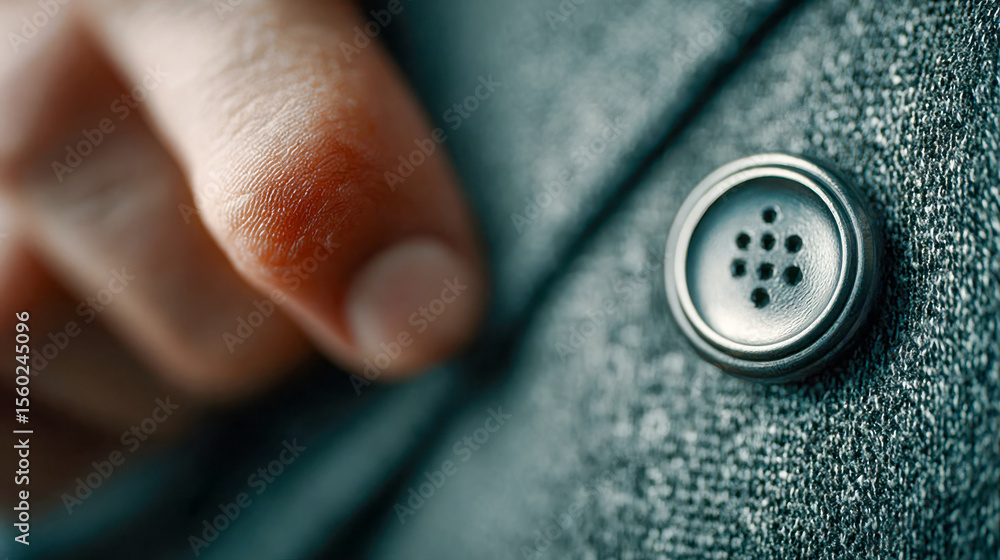 Poster a close-up of a person finger touching the button on a textured suit, highlighting the detailed text