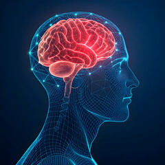 Obraz premium Blue neon wireframe of a human brain, glowing red from the center, showcasing a futuristic and high-tech design with illuminated neural pathways.