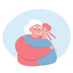 Elderly woman hugging her granddaughter. Vector flat graphics.