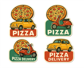Vintage retro stickers featuring pizza, scooter, and classic car on beige background. Perfect for food and travel designs.