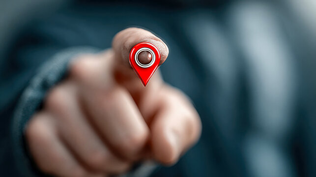 A person fingertip holding a 3D red location pin icon, illustrating the concept of GPS, geolocation, or positioning with a sharp focus on the finger and pin
