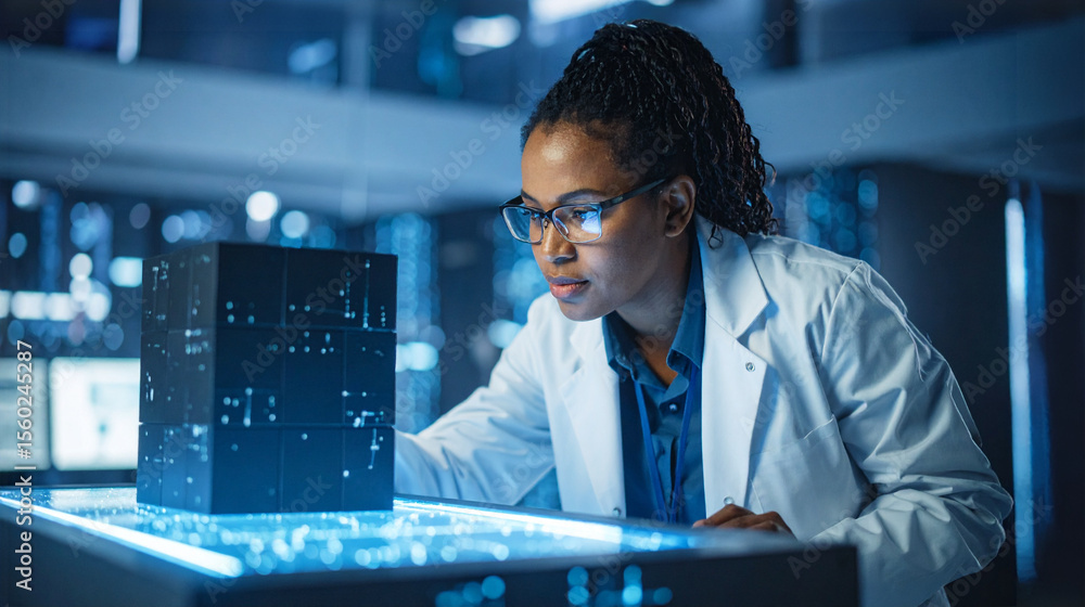 Poster a scientist engrossed in analyzing a complex futuristic data cube. this image portrays intelligence,