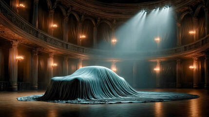 A dramatic scene of a covered car on a stage in a luxurious hall with classic architecture and spotlights, suggesting a vehicle reveal or product launch event