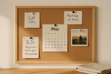 photograph of a cork bulletin board on a white wall