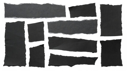 A set of different shapes of black torn paper pieces isolated on transparent background