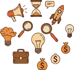 Business and finance icons with light bulbs magnifying glass hourglass and rocket vector collection