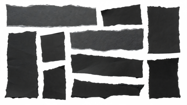 A set of different shapes of black torn paper pieces isolated on transparent background