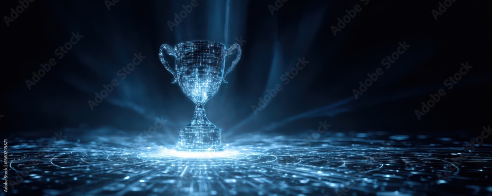 Poster digital trophy in a futuristic space symbolizing achievement and success with abstract light effects