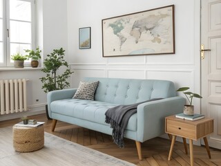 Stylish scandinavian living room interior with design mint sofa, furnitures, mock up poster map, plants, and elegant personal accessories. Home decor. Interior design. Template. Ready to use.