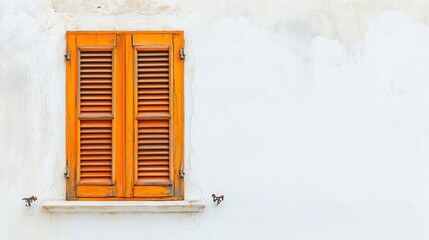 Fototapeta premium Close-up of an old, orange window with shutters on a white wall