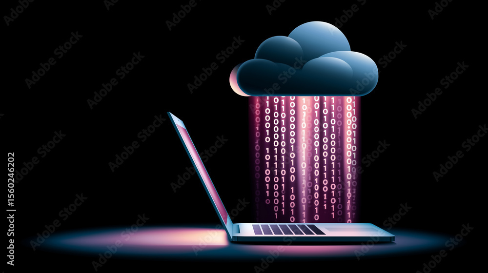 Poster cloud releases binary code over laptop representing digital messaging and cloud communication. dark 