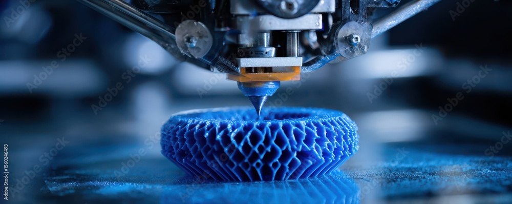 Poster high-resolution close-up of a 3d printer printing a blue honeycomb structure in a modern workshop en