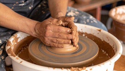 Close up of a person crafting a pot using a pottery wheel 