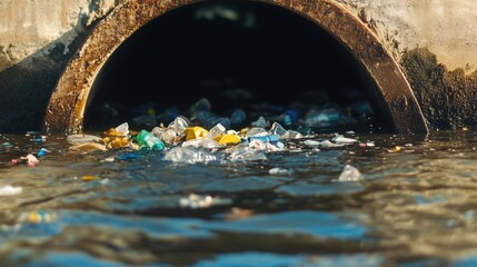Close-up of storm drain outlet spewing plastic trash into coastal waters after heavy rain, evidence of land-to-ocean pollution pathway