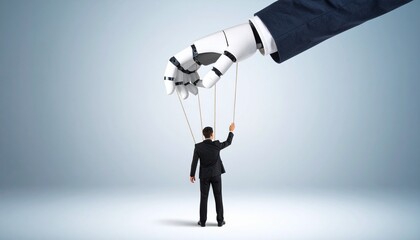 A person in suit is being controlled by a robotic arm with puppet strings