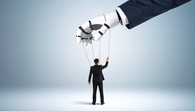 A person in suit is being controlled by a robotic arm with puppet strings