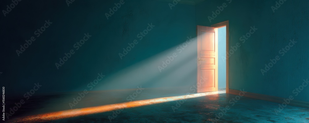 Poster a dimly lit room with an open door and rays of light breaking through in a mysterious atmosphere cap